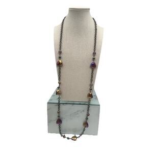 Purple Oil Slick Color Faceted Beads Dark Silver Tone Long Adjustable Necklace